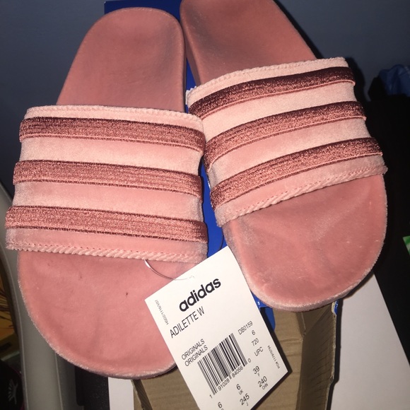 pink velvet adidas slides